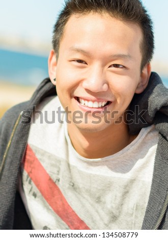 Portrait Of Happy Young Asian Man; Outdoors