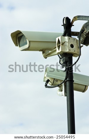 security cams against blue sky