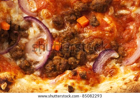 delicious onion and meat pizza texture, closeup