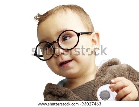 stock photo portrait of sweet kid wearing round glasses over white 