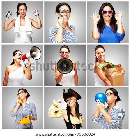 composition of funny woman over grey background