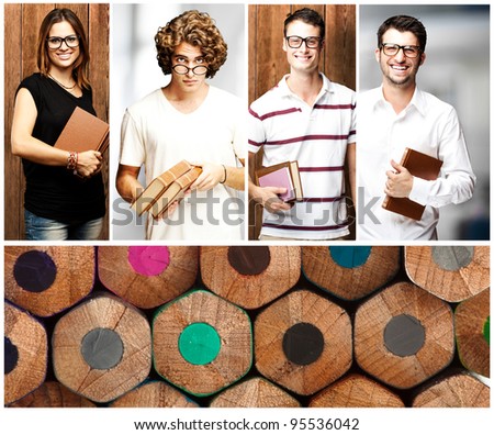 composition of young students indoor and against a wooden wall