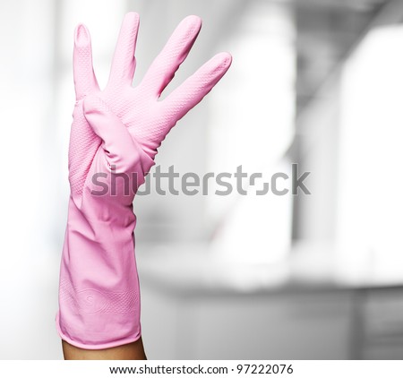 pink gloves of maid gesturing number four indoor