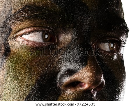 young soldier face with jungle camouflage on white background