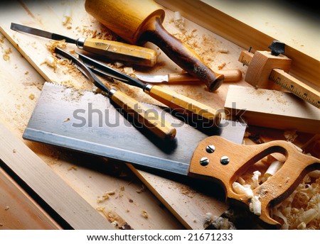 Woodworking Tools With Wooden Background And Shavings Stock Photo 