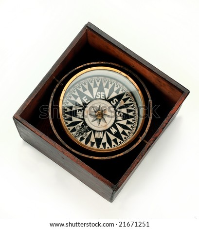 Antique compass in a wooden box on white