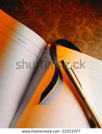 Gold pen with lined guest book on wood background