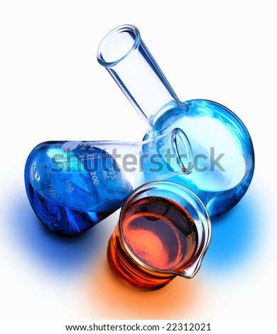 Beaker, erlenmeyer flask and boiling flask with chemicals