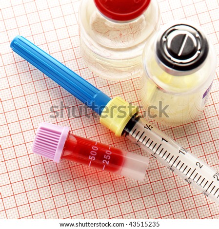 Bottles, hypodermic needle and vial shot on graph paper