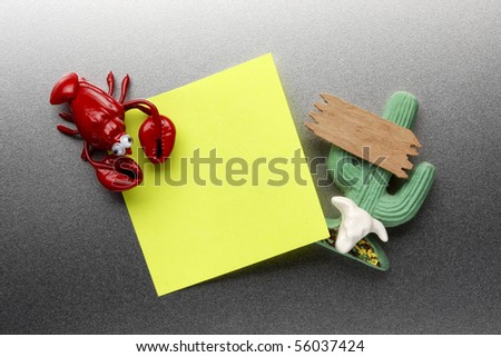 Lobster and cactus refrigerator magnet hold blank piece of paper to stainless steel refrigerator door