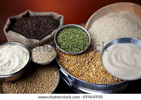 Still life shot of agricultural commodities such as grains and beans