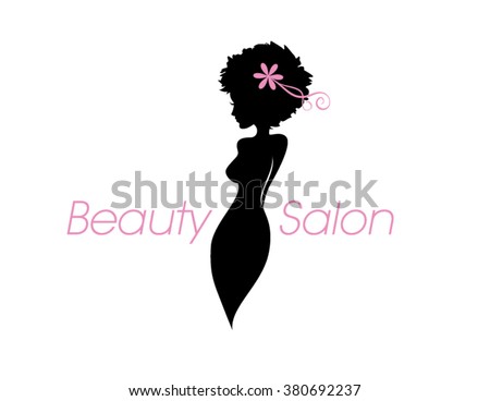 Beautiful lady body profile silhouette and copy space text. Vector beauty and hair salon, fashion store or spa logo. A woman with a curvy figure, an afro hairstyle and pink flower icon.