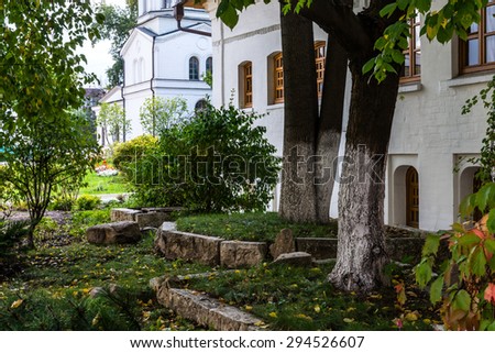 Russia. Moscow. Orthodox Monastery. The garden and architecture  inside the Zachatievskiy Monastery. Summer. 2014.