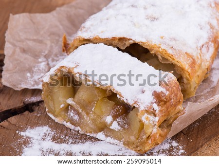 Apple strudel with powdered sugar vanilla