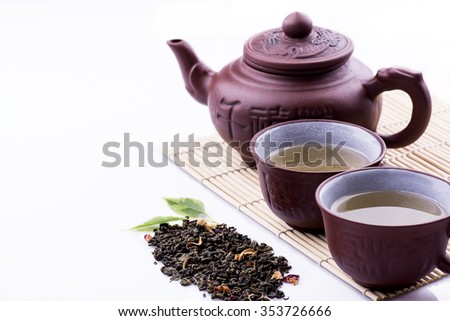Green Tea set, bamboo mat on white background