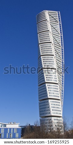 MALMO, SWEDEN - MARCH 12: The creation Turning Torso, by the Spanish architect Santiago Calatrava, in Malmo Sweden, March 12, 2013. ItÂ´s measuring 190 meters, highest in Scandinavia.