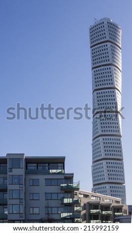 MALMO, SWEDEN - JANUARY 20, 2013: The creation, Turning Torso, in the west Harbor in Malmo, the highest building in Scandinavia in Malmo Sweden, January 20 2013.