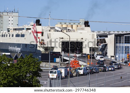 YSTAD, SWEDEN - JULY 01, 2015: The ferry area in the harbor of Ystad for the ferries to the Danish Island, Bornholm in the Baltic sea