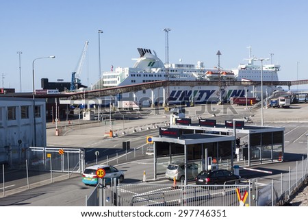 YSTAD, SWEDEN - JULY 01, 2015: The ferry area in the Harbor of Ystad for the ferries over the Baltic sea  to Poland
