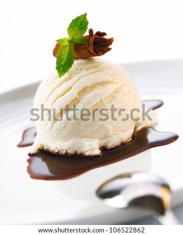 Serving of ice cream and hot chocolate sauce garnished with shaved chocolate and mint