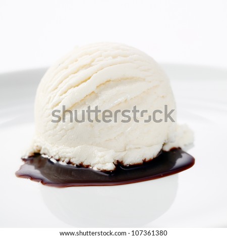 Vanilla Ice Cream Dessert with hot fudge sauce on white dish. For more ice desserts look a t my portfolio.