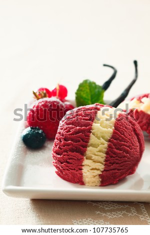 Ball of fresh healthy red berry ice-cream with a distinctive vanilla stripe on a white porcelain platter