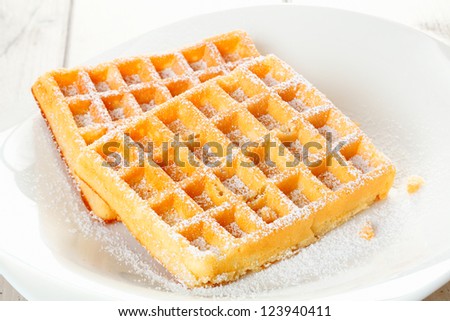 A pair of delicious fresh waffles, dusted with sugar an placed in a shallow white china bowl