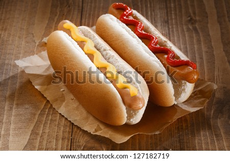 Two Appetizing Hotdog With Mustard And Ketchup, Close Up
