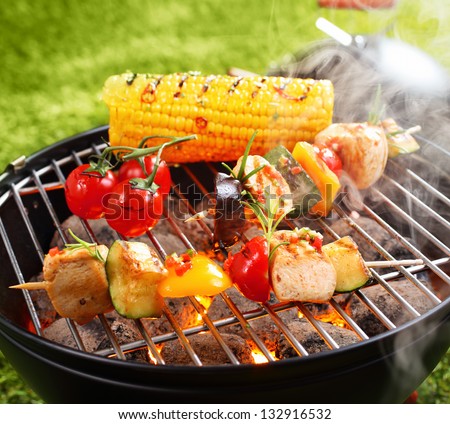 Vegetarian bbq and corncob on a grilling pan