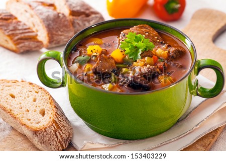 Delicious Goulash Casserole In A Metal Pot With Thick Rich Gravy, Meat And Vegetables For A Wholesome Meal