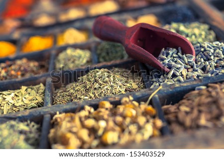 Close-up of different Spices and herbs including Lavender.