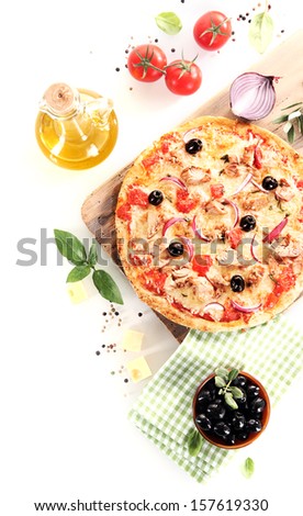 Top View Of A Tuna, Olives, Onion And Basil Pizza Over A Wooden Board Surrounded By The Ingredients