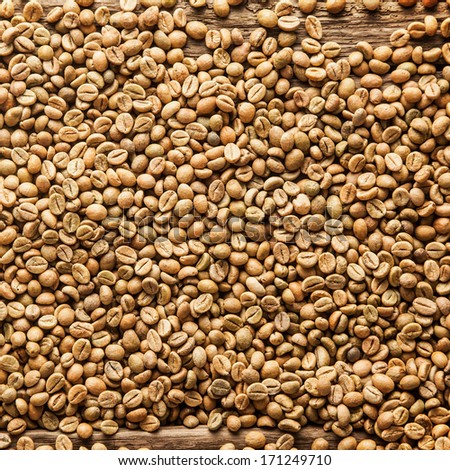 Square closeup background texture of raw brown Arabica or Java coffee beans rich in caffeine, a natural stimulant