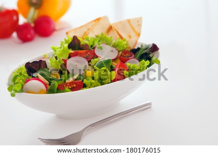 Delicious summer snack of fresh leafy green mixed salad with lettuce, radhish, peppers, tomato and toasted flatbread served in a white bowl