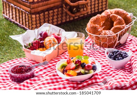 Healthy vegetarian or vegan picnic with a delicious spread of fresh fruit, golden croissants, berry jam and tropical fruit salad on a red and white tablecloth alongside a hamper on green grass