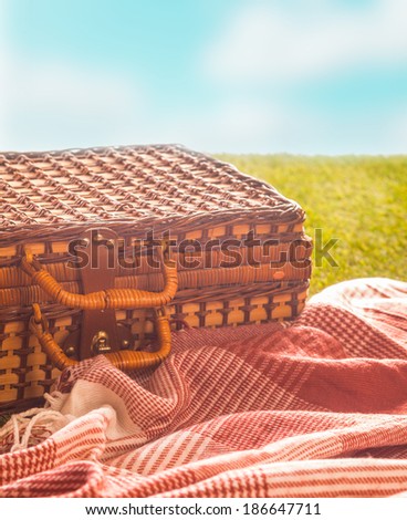 Picnic rug and wicker hamper standing on a green field under a blue sky on a hot summer day for a healthy outdoor lifestyle, closeup in warm sunshine