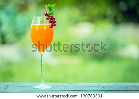 Elegant glass of fresh orange juice or orange and champagne blend garnished with a bunch of ripe red currants standing on a picnic table in the garden on a summer day