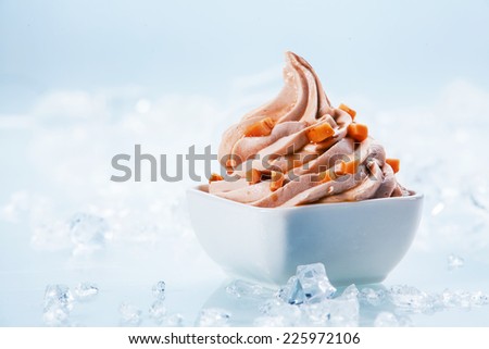 Delicious Healthy Low Fat Frozen Yogurt Twirl in Small White Bowl on White Background.
