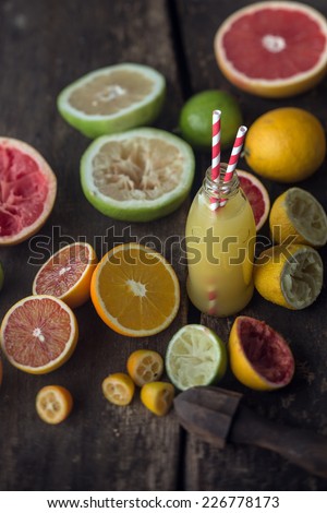 Preparing fresh grapefruit and lemon juice in a country kitchen with a freshly squeezed bottle of juice surrounded by halved grapefruit, lemons, oranges and limes