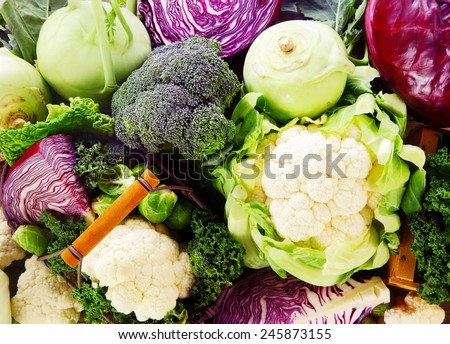 Background of healthy fresh cruciferous vegetables with brioccoli, cabbage, cauliflower, brussels sprouts kale and kohlrabi, close up full frame