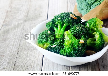 Close up Flavored Steamed Fresh Broccoli on White Plate, Served on Top of Wooden Table.