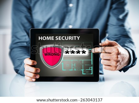 Home security online warning for a wrong code or password to gain access to the control interface for a smart house with a red shield icon containing the word - Wrong - overlaying a house floor plan