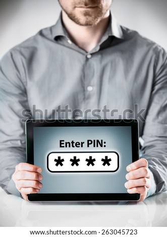 Close up Man in Casual Long Sleeves Shirt Holding a Tablet Computer Showing Conceptual Enter Pin Display on the Screen.