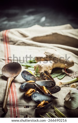 Preparing a tasty seafood dinner with shellfish using freshly cooked marine mussels with spicy root ginger and garlic lying on a cloth in a rustic kitchen, with copyspace
