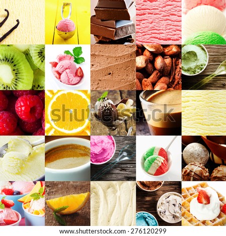 Italian ice cream dessert collage with a variety of different flavors with fresh tropical fruit, chocolate bonbons, cappuccino coffee, gelato, parfait, and waffle and cream for delicious summer treat