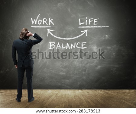 Rear View of Business Person Scratching Head in Confusion While Contemplating Illustration of Work Life Balance Drawn on Chalkboard in Business Balance Concept Image