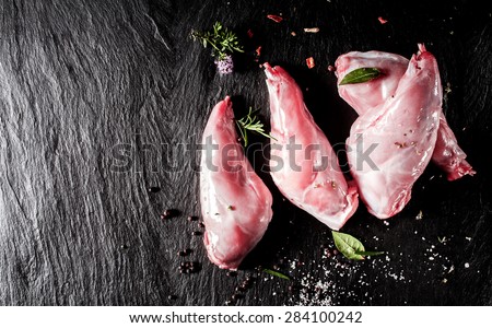 High Angle View of Raw Rabbit Meat, Rear Leg Cuts of Hare Seasoned with Fresh Herbs and Spices on Dark Textured Surface with Copy Space