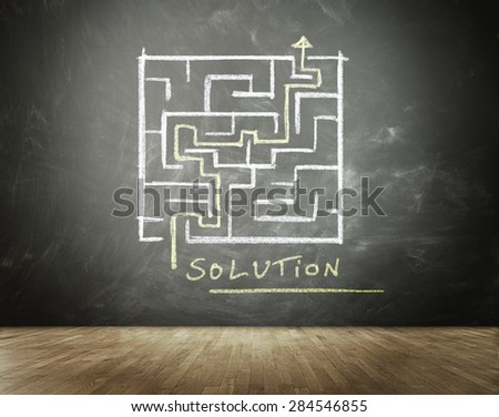 Complicated Maze with Solution Drawn on Chalkboard in Empty Room with Hard Wood Floor in Business Concept Image