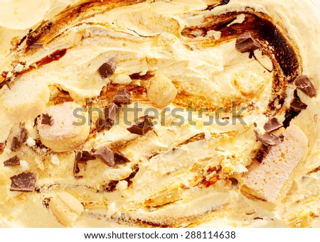 Close Up Detail of Ice Cream with Chocolate Pieces, Biscuits, and Chocolate Swirl
