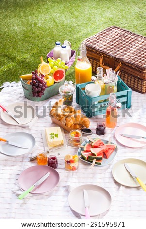 Delicious healthy summer picnic on the grass with a bowl of fresh tropical fruit, croissants, butter, sliced watermelon and assorted fruit juice in bottles alongside a wicker hamper